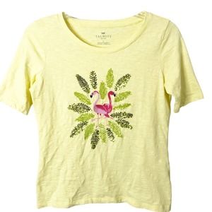 Talbots Petites Women's Yellow Sequined Flamingo Burnout Short Sleeve Tee Size S